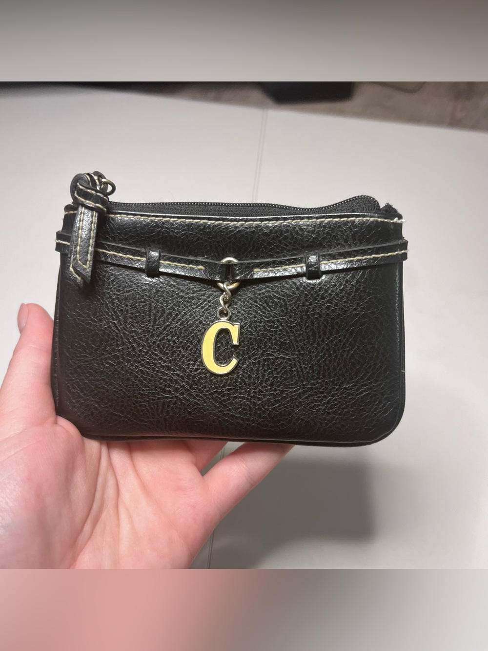 Black Pebbled Zip Wristlet Clutch with Gold 'C' Charm